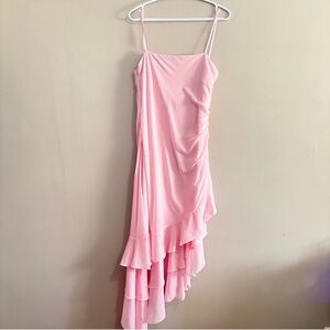Vintage Y2K “Let’s” Baby Pink Asymmetrical Rhinestoned Ruffle Dress 2XL Made USA
